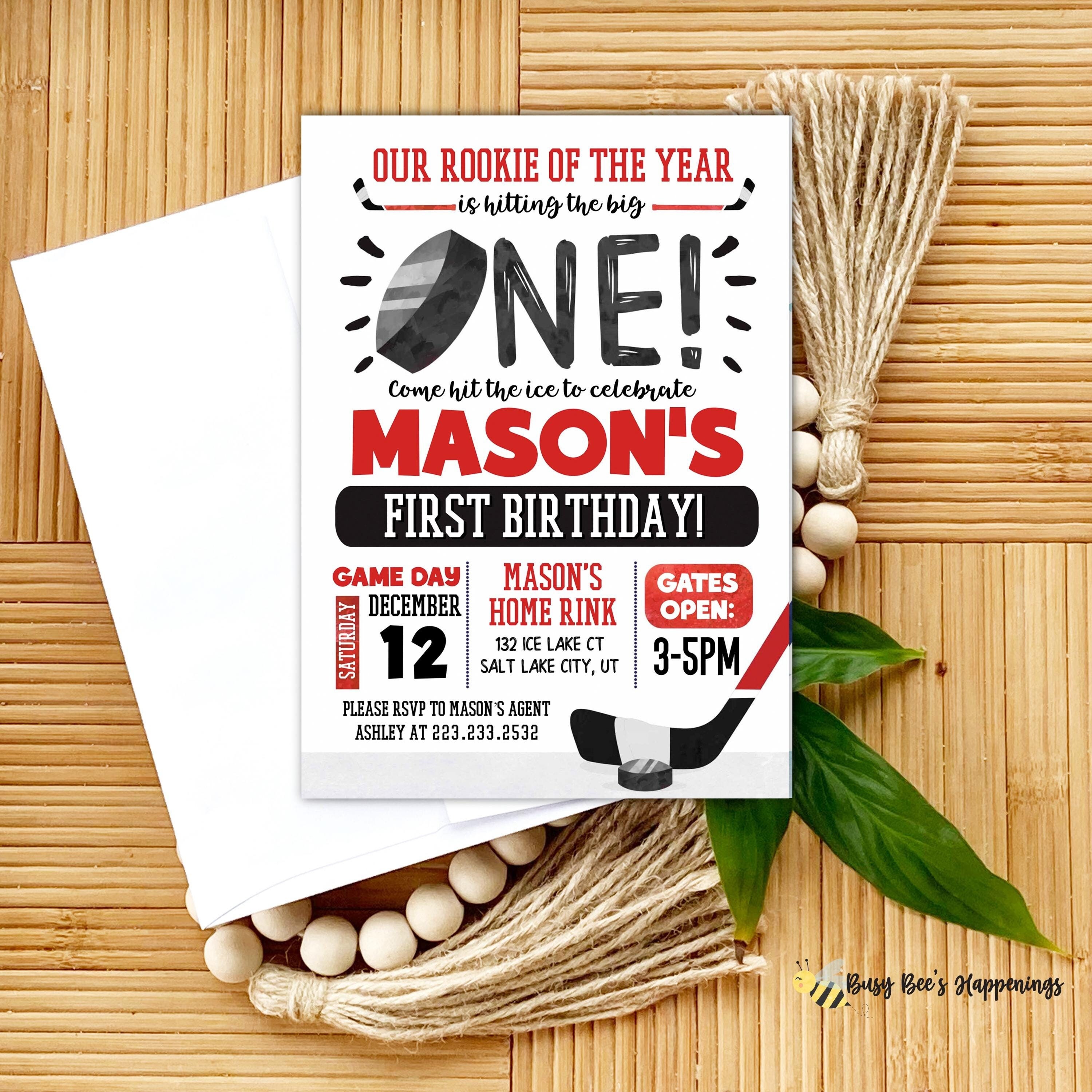 Red Hockey First Birthday Invitation, Hockey Theme Birthday Party, The great one hockey invite, Editable Rookie Themed Red Hockey Birthday