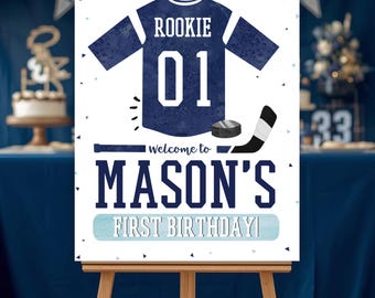 Placa de boas-vindas para o primeiro aniversário do hóquei: pôster da camisa azul (modelo editável)