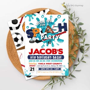 Sports Splash Birthday Invitation, Water Party Invite, All-Star Bash (Editable Template)