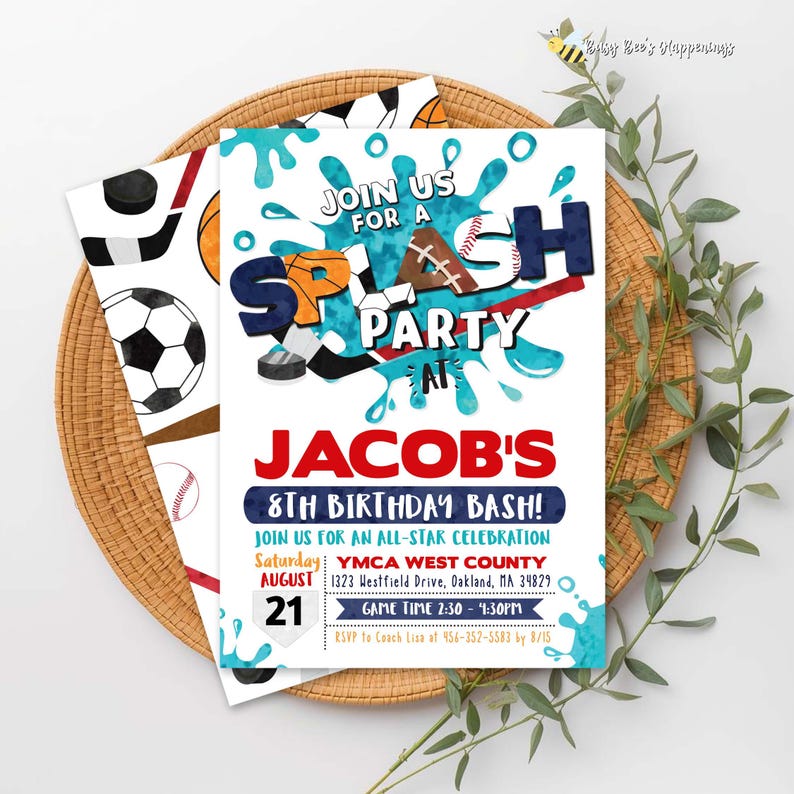 Sports Splash Birthday Invitation, Water Party Invite, All-Star Bash (Editable Template)