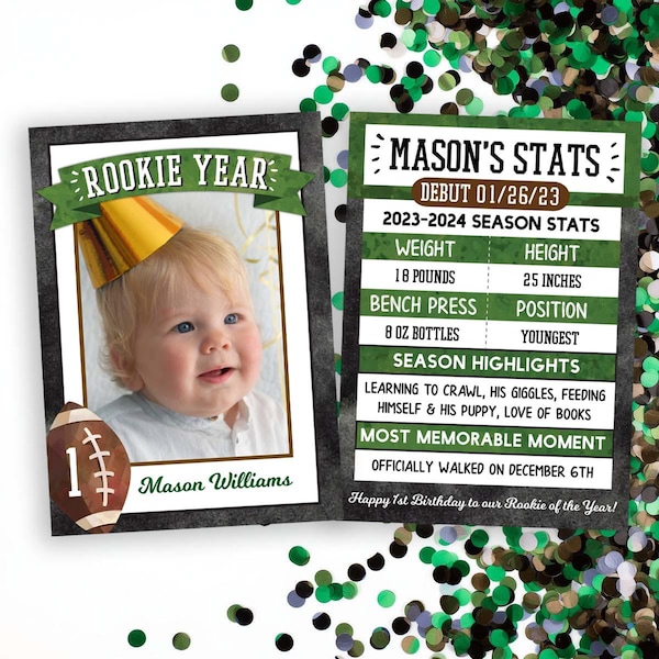 Football 1st Birthday Invitation: Rookie Stats Card Keepsake (Digital File)