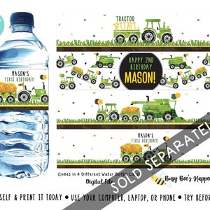 Puede incluir: Etiquetas imprimibles para botellas de agua con un tractor verde y el texto "Mason's First Birthday!" y "Happy 2nd Birthday Mason!" Las etiquetas est&aacute;n dise&ntilde;adas para una fiesta de cumplea&ntilde;os de 1 y 2 a&ntilde;os con tem&aacute;tica de tractor.
