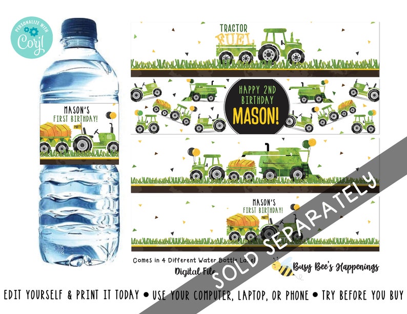 Puede incluir: Etiquetas imprimibles para botellas de agua con un tractor verde y el texto "Mason's First Birthday!" y "Happy 2nd Birthday Mason!" Las etiquetas est&aacute;n dise&ntilde;adas para una fiesta de cumplea&ntilde;os de 1 y 2 a&ntilde;os con tem&aacute;tica de tractor.