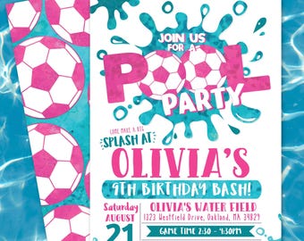 Pink Soccer Pool Birthday Invitation, Editable Water Party Invite (Digital or Printed)