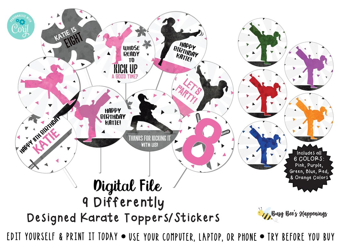 Karate Cupcake Toppers Girl Karate Birthday Party Karate Stickers
