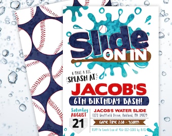 Baseball Waterslide Birthday Invitation | Summer Baseball Party Invite