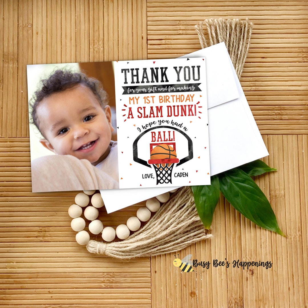 Basketball 1st Birthday Photo Thank You Card: Photo Sports Theme ...