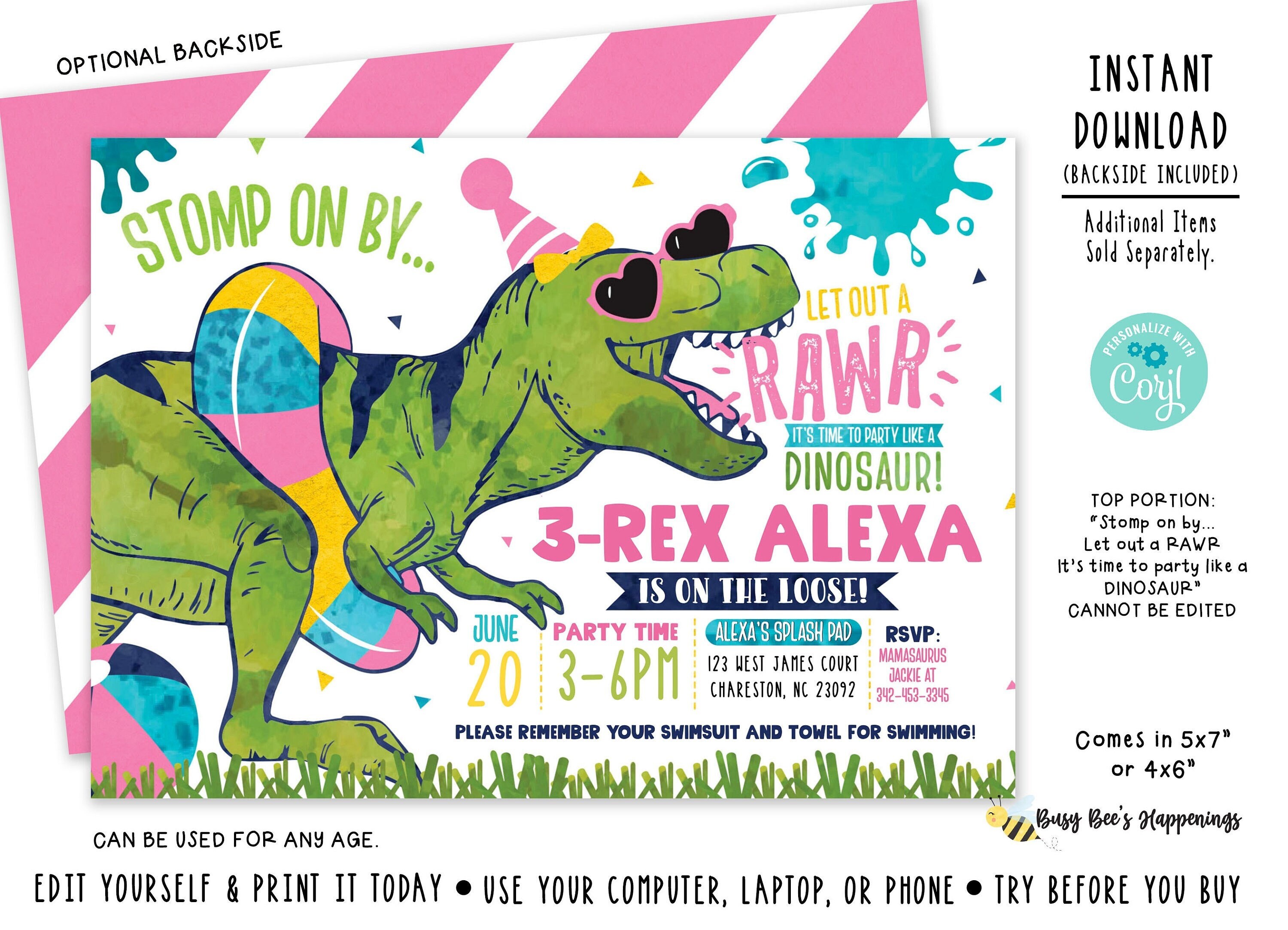 Dinosaur Birthday Invitation Pool Birthday Invitation Dinosaur Invite trex birthday invite Pool Party Digital File Busy bees