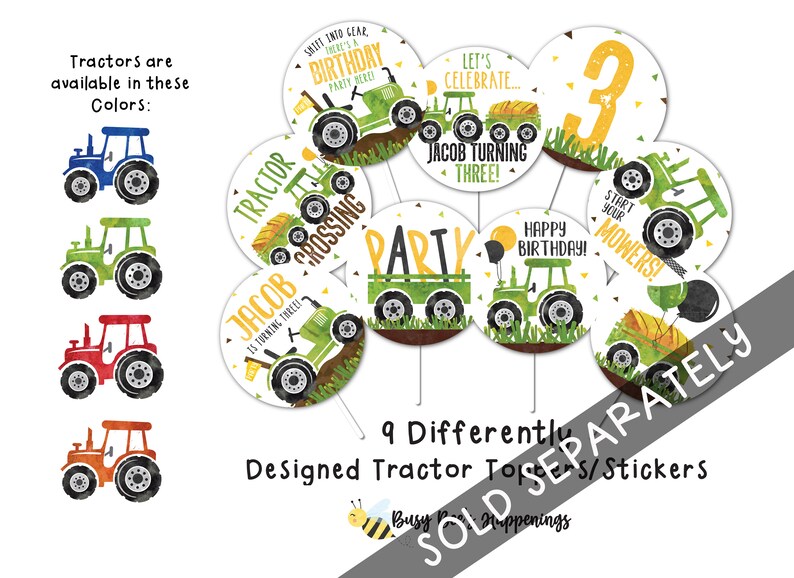 Puede incluir: Nueve toppers o pegatinas redondas con tem&aacute;tica de tractores para fiestas. Los toppers presentan un tractor verde con un globo de cumplea&ntilde;os amarillo, una se&ntilde;al de cruce de tractores, un tractor con el texto "Start Your Mowers!" y un tractor con el texto "Let's Celebrate... Jacob Turning Three!"