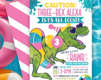 Three Rex Birthday Invitation, Girl Dinosaur Pool Party Invite, 3rd Birthday Party Invitation, Summer T Rex Pool Birthday