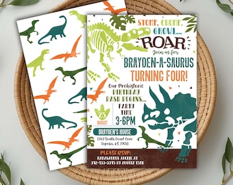 Dinosaur Birthday Invitation: T-Rex Fossil Party Invite (Digital or Printed) Dino-Mite Birthday Invite