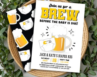 May include: A baby shower invitation with the text "Join us for a BREW before the baby is due!" and "Jack & Kate's Diaper Keg". The invitation features illustrations of beer mugs and diapers. A black and white patterned card with beer mugs and diapers is also visible.
