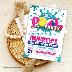 Softball Pool Party Invitation: Editable Girl Birthday (Digital)