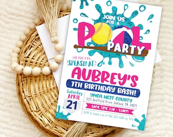 Softball Pool Party Invitation: Editable Girl Birthday (Digital)