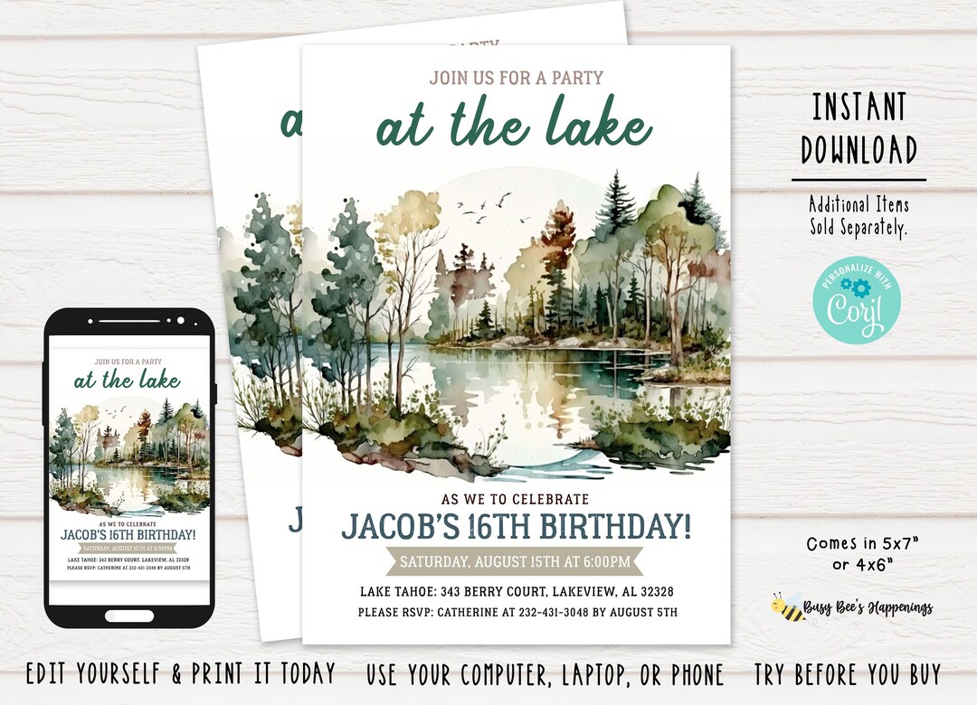 Lake Invitation Lake Birthday Invitation Lake Themed Party Editable