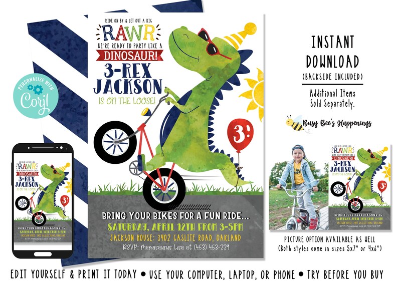 Dinosaur Birthday Invitation Dinosaur Bike Invite Tricycle Birthday Invitation 3rex birthday Invitation Digital File Busy bee