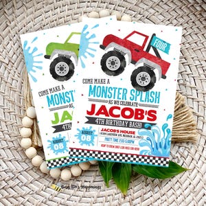 Monster Truck Splash Birthday Invitation, Red Green Water Invite (Digital Download)