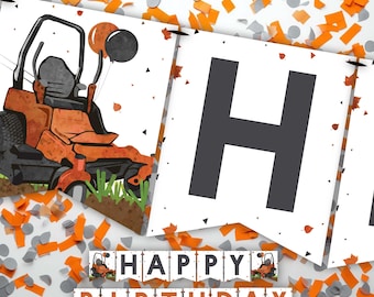 Zero Turn Lawnmower Birthday Banner: Orange & Gray Pennant Party Decoration (Digital File)