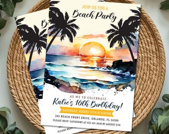 Beach Sunset Birthday Invitation, Tropical Ocean Party Invite (Editable)