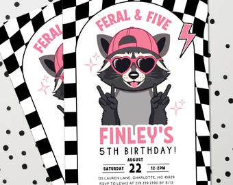 Girl Feral and Five Raccoon Birthday Invitation, Pink Trash Panda Party Template (Editable)