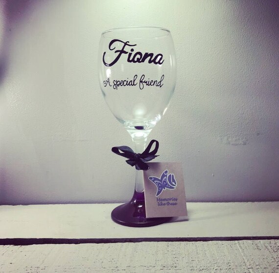 Fiona A special Friend hand painted wine glass purple base