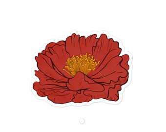 May include: A red flower with a yellow center. The flower has a textured, hand-drawn look.