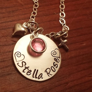 Hand Stamped Personalized birthstone necklace, little girl necklace, crystal, Name necklace, Girl&#39;s gift, new mom, granddaughter