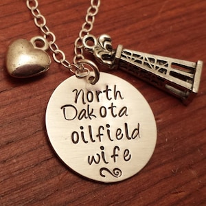 Hand stamped-oilfield necklace-North Dakota oilfield wife-derrick-Oilfield wife necklace-Oilfield wife jewelry-Oil field jewelry