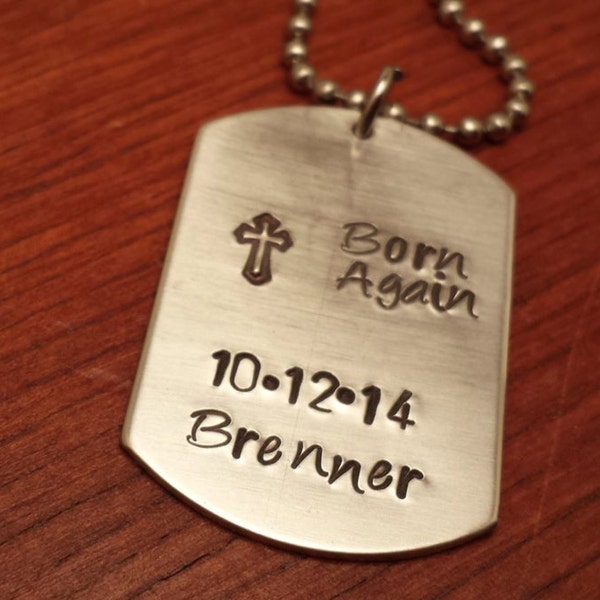 Born again dog tag necklace, New Christian gift, Saved gift, Christian gift, Born again gift, cross jewelry Hand stamped personalized