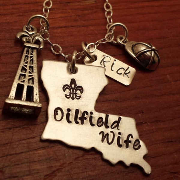 Louisiana Oilfield necklace, Oilfield wife gift, fleur de lis, oil field, on a rig, derrick jewelry, Hand stamped personalized