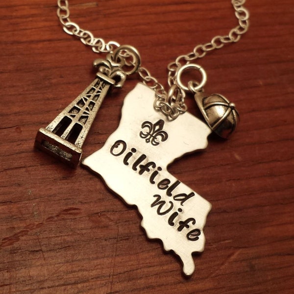 Louisiana Oilfield Wife Necklace, Oilfield gift, Louisiana oilfield wife gift, oilfield necklace, Hand stamped Louisiana necklace