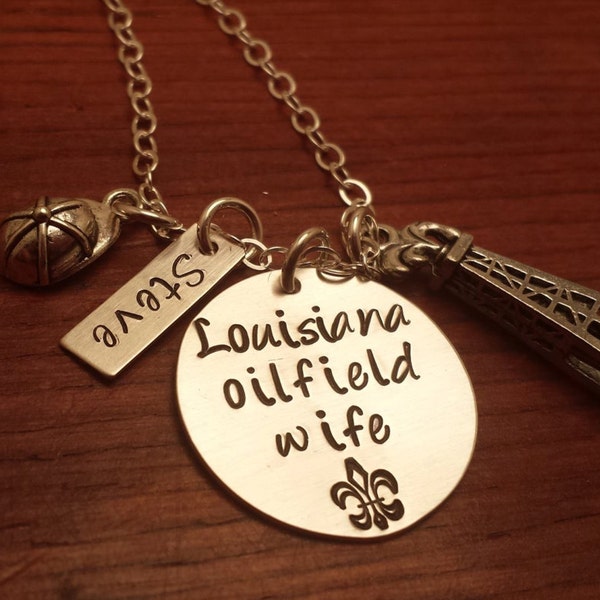 Louisiana Oilfield necklace, Louisiana oilfield wife, derrick necklace, Oilfield wife necklace, Hand stamped personalized