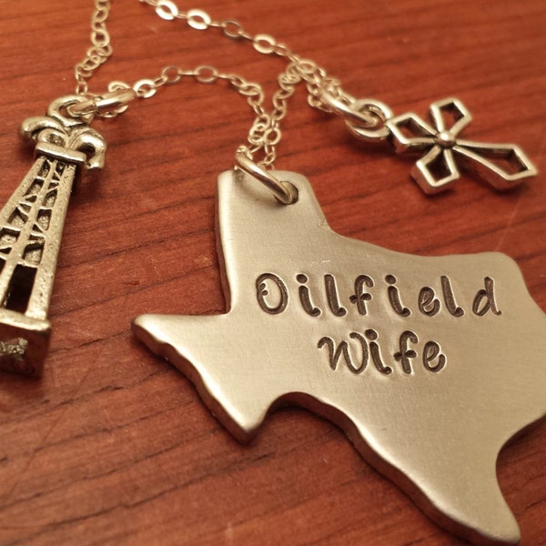 Texas Oilfield wife necklace, Oilfield gift, Oilfield life, Oil field jewelry, Texas necklace, Derrick, spoiled wife, on a rig Hand Stamped