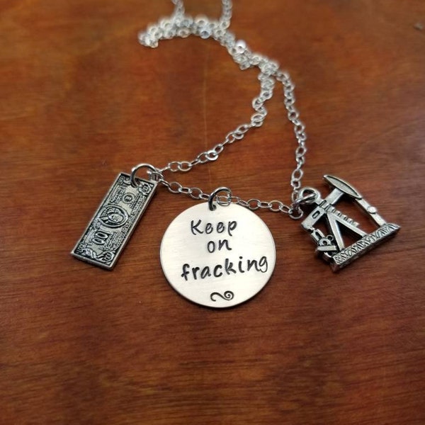 Keep on fracking oilfield necklace, Oilfield jewelry, Oil rig necklace, Fracking necklace, Sterling silver oilfield necklace Hand stamped