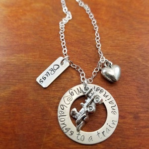 Train engineer wife necklace, My heart belongs to a train engineer, Train worker wife, Train jewelry,  railroader, Hand stamped personalized