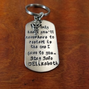 Paramedic First Responder key chain, EMT  Be Safe gift, thin white line, Personalized hand stamped Paramedic keep him safe