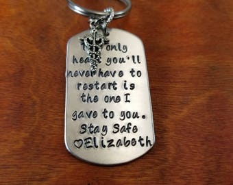 Paramedic First Responder key chain, EMT  Be Safe gift, thin white line, Personalized hand stamped Paramedic keep him safe