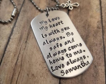 Military key chain, Be safe my hero, always come home, Policeman gift, fireman gift, deployment Hand stamped dog tag key chain