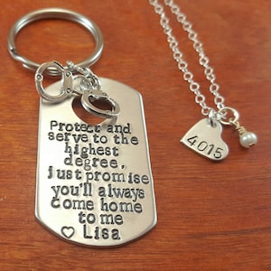 Police key chain with heart necklace, Protect and serve, military deployment, keep him safe, LEO, Thin Blue Line, Hand Stamped Personalized