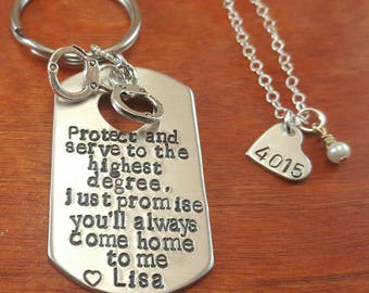 Police key chain with heart necklace, Protect and serve, military deployment, keep him safe, LEO, Thin Blue Line, Hand Stamped Personalized