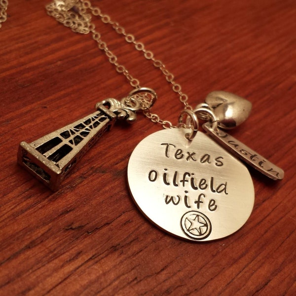 Texas oilfield wife necklace, Personalized hand stamped  Sterling silver jewelry