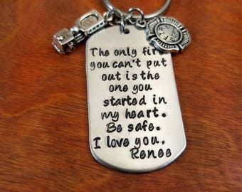 Firefighter Key Chain, Fireman Always Come Home Gift, Be Safe First Responder, Personalized Hand Stamped Keep Him Safe Hero Gift