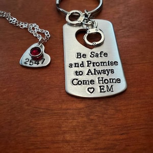 Hand Stamped Personalized Police wife couple set, heart necklace, Protect and serve, military deployment, keep him safe, LEO, Thin Blue Line