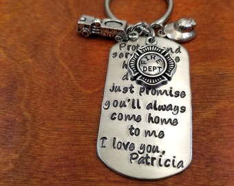 Fireman key chain, Protect and serve firefighter key chain, Always come home, be safe hero gift, first responder, Personalized hand stamped