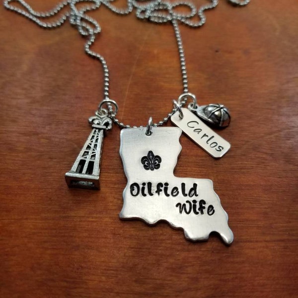 Louisiana Oilfield Wife Necklace, Louisiana Oilfield, Roughneck wife, Hand stamped personalized Louisiana necklace