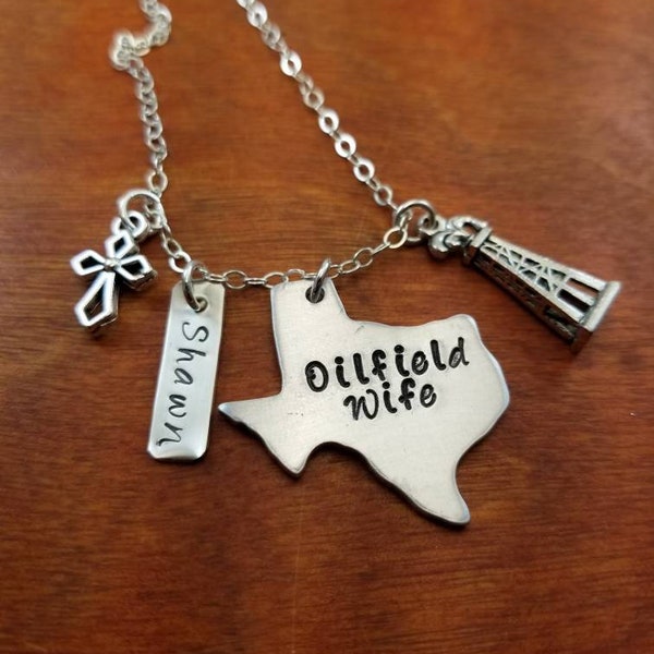 Texas Oilfield Wife necklace, Oilfield gift, Texas oilfield, Oilfield life, Hand stamped personalized, Texas necklace, hand stamped