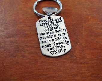 Police Officer key chain Protect and serve, Policeman gift, LEO, Sheriff, always come home, thin blue line, Hand Stamped Personalized