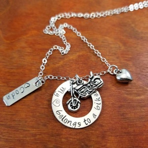 Biker wife necklace, My heart belongs to a biker, motorcycle necklace, bike jewelry, Hand stamped personalized