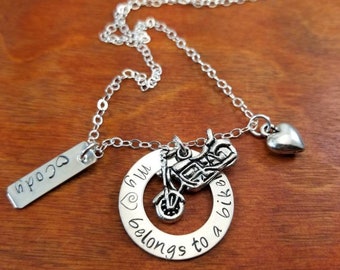 Biker wife necklace, My heart belongs to a biker, motorcycle necklace, bike jewelry, Hand stamped personalized