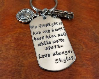 Fireman Key chain, Keep him safe, Firefighter key chain, Always come home, thin red line, Father's Day gift, Hand stamped Personalized